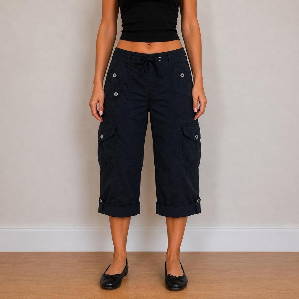 Y2K Black Cargo Capris Crop Pants Low Rise Y2K Women 6 Utility Gorpcore Indie